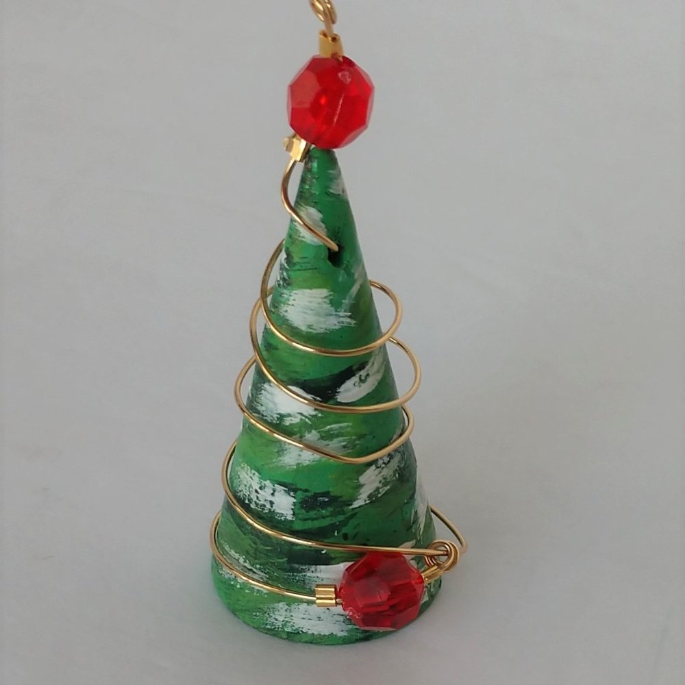 Handmade Individual Green Christmas Tree Ornament Gold Tone Wire and Red Beads